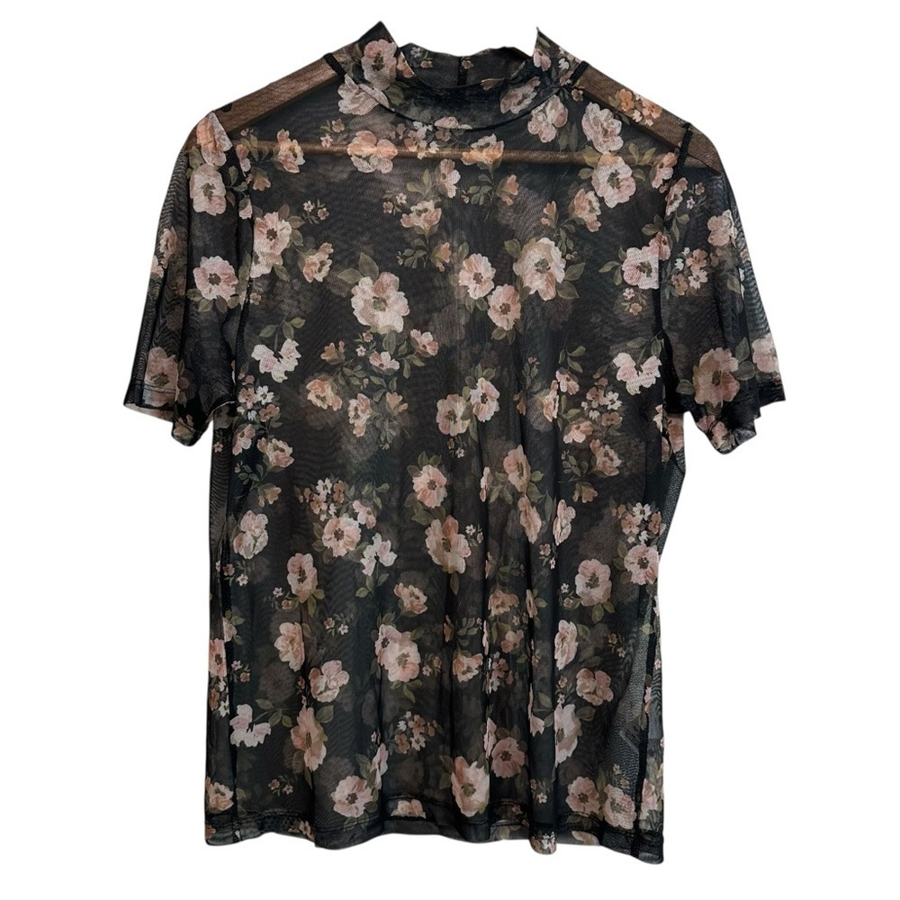 Women's Large Black Blush Floral Whimsigoth See-Through Stretchy Mesh Casual Top